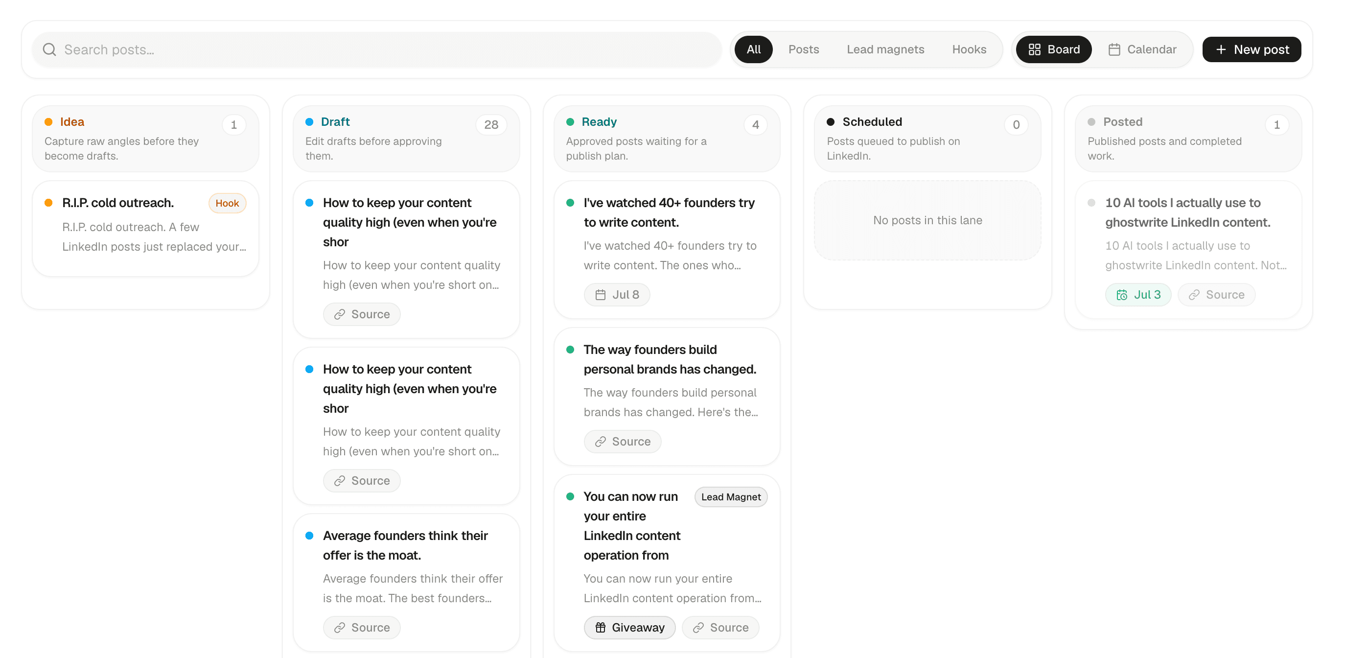 SwipeIn Posts board organizing ideas, drafts, ready, scheduled, and published posts