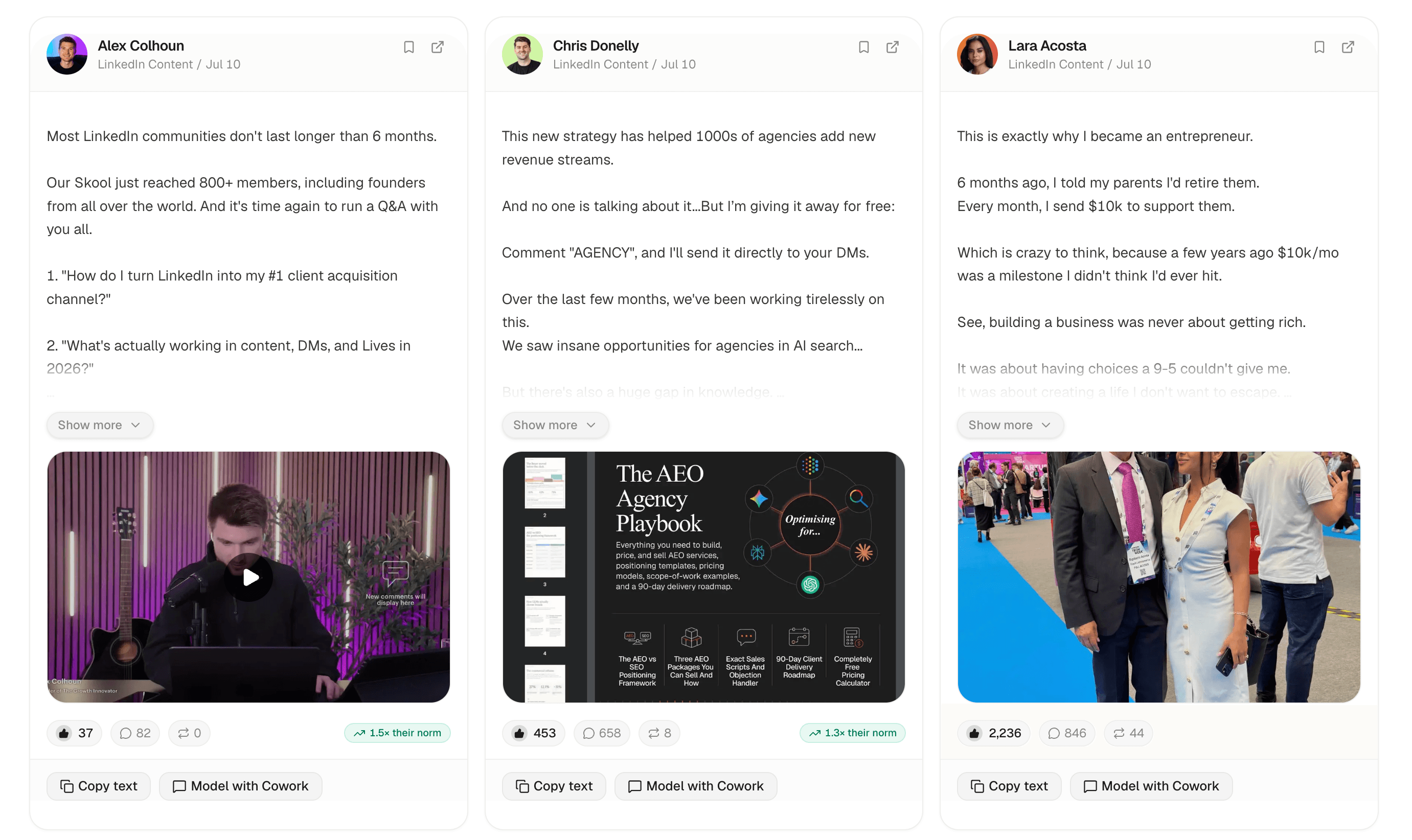 SwipeIn Swipe File showing three high-performing LinkedIn posts with engagement metrics and modeling actions