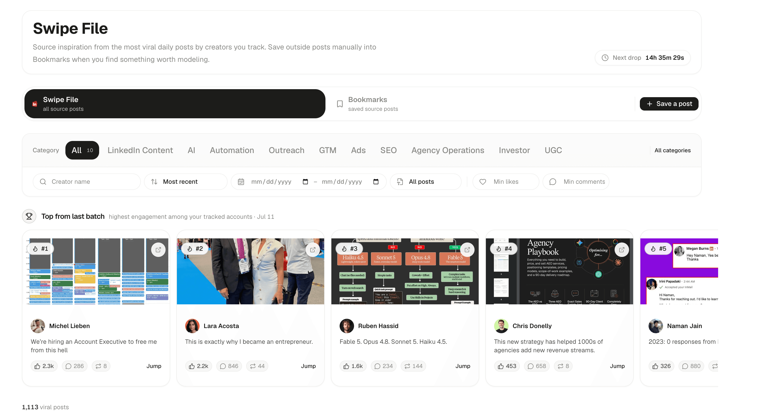 SwipeIn Swipe File workspace showing filters and high-performing posts from tracked creators